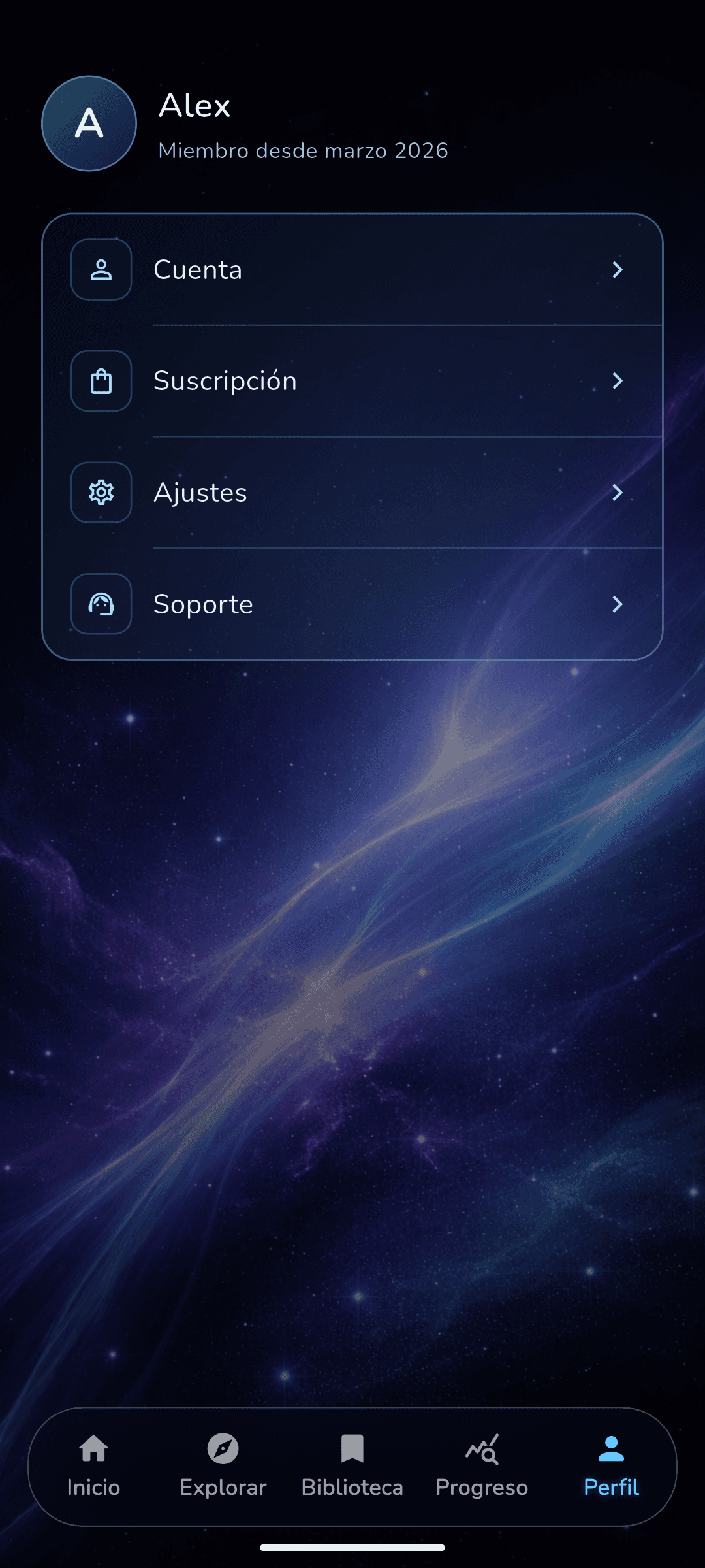 Pantalla de perfil de Noma con opciones de cuenta.