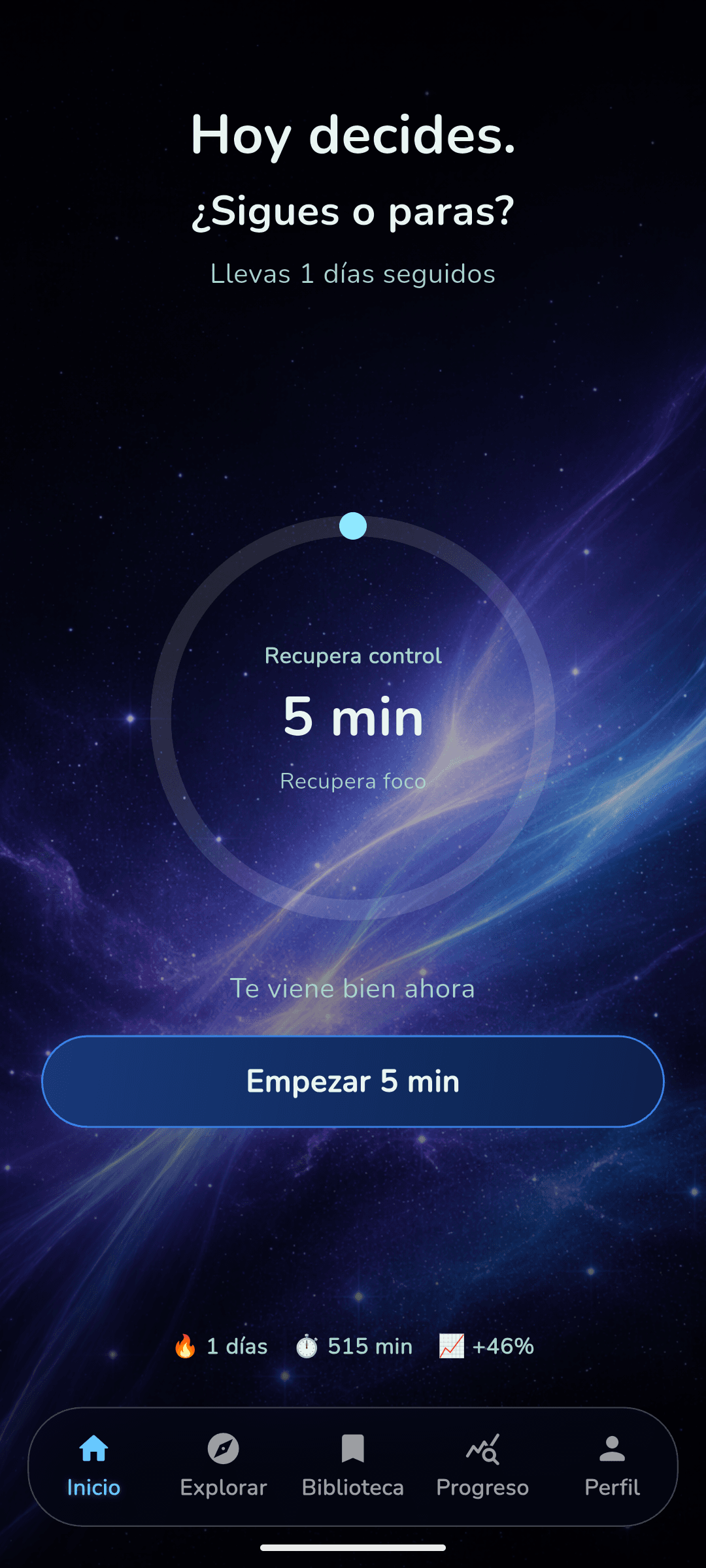 Pantalla de inicio de Noma con el dial de duración.
